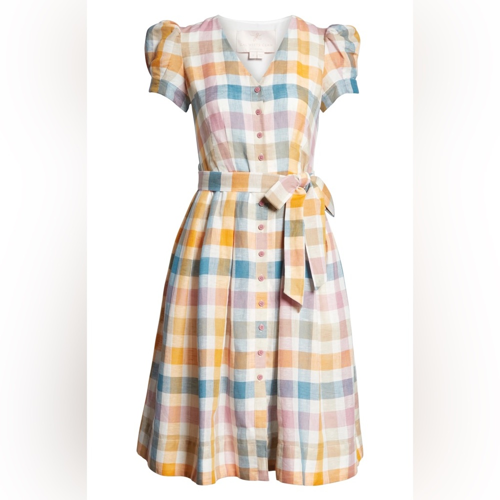 Gal meets Glam Anthropologie linen plaid button down shirt dress